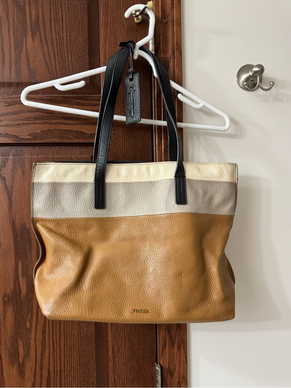 Fossil Tri-Panel Leather Tote in Tan, Cream & Gray with Black Straps
